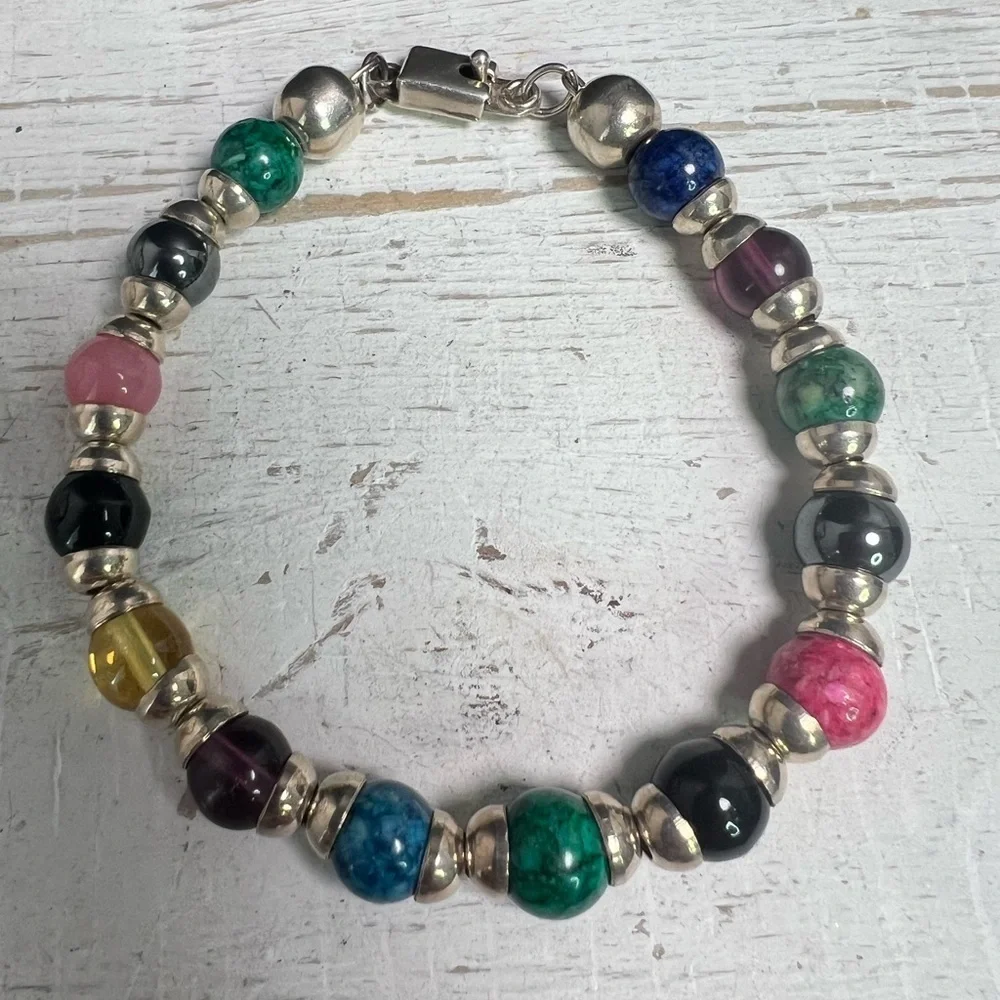 Taxco Mexico Sterling Silver Stone Bracelet 6 3/4” B11 - Picture 3 of 4